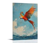 Peinture à l'huile animale d'un perroquet exécutant des tours aériens au-dessus des vagues tropicales, couleurs éblouissantes sur un fond bleu ciel délavé. Art mural élégant à suspendre - Poster