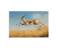 Peinture à l'huile animale - Gazelle gracieuse - Coups de pinceau délicats représentant une antilope à pieds de flotte à mi-saut à travers les prairies ensoleillées - Décoration murale tendance
