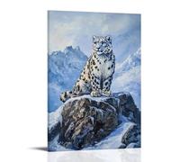 Peinture à l'huile animale - Léopard des neiges perché sur une falaise de montagne avec fond bleu glacial - Décoration murale tendance - Poster d'art à suspendre et peinture murale 20 x 30 cm