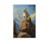 Peinture à l'huile animale - Léopard des neiges perché sur une falaise rocheuse avec fond de paysage de montagne Décoration murale tendance - Poster d'art à suspendre et peinture murale 50 x 75 cm