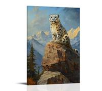 Peinture à l'huile animale - Léopard des neiges perché sur une falaise rocheuse avec fond de paysage de montagne - Décoration murale tendance - Poster d'art à suspendre et peinture murale 60 x 90 cm