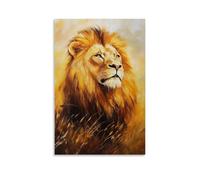 Peinture à l'huile animale - Lion majestueux dans la savane dorée - Portrait royal du roi des bêtes avec lumière du soleil brillant sur sa crinière Décoration murale moderne à suspendre - Impression
