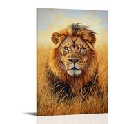 Peinture à l'huile animale - Lion majestueux dans la savane dorée - Portrait royal du roi des bêtes avec crinière ensoleillée et regard perçant - Décoration murale moderne à suspendre - Impression