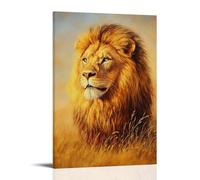 Peinture à l'huile animale - Lion majestueux dans la savane dorée - Portrait royal du roi des bêtes avec la lumière du soleil filtrant à travers sa crinière - Décoration murale tendance - Poster d'art