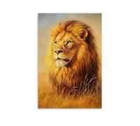 Peinture à l'huile animale - Lion majestueux dans la savane dorée - Portrait royal du roi des bêtes avec la lumière du soleil filtrant à travers sa crinière Décoration murale tendance - Poster d'art à