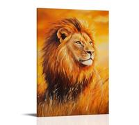 Peinture à l'huile animale - Lion majestueux dans la savane dorée - Un lion royal se prélassant dans les teintes chaudes du coucher du soleil des plaines africaines, sa crinière brille comme de l'or
