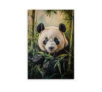 Peinture à l'huile animale - Sanctuaire de pandas de bambou - Une composition sereine d'un panda géant se reposant parmi un bambou vert luxuriant avec un filtrage délicat de la lumière à travers une