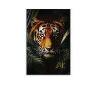 Peinture à l'huile animale - Tigre du Bengale puissant émergeant des ombres de la jungle, regard intense, éclairage dramatique clair-obscur, style hyperréaliste contemporain à suspendre - Design mural