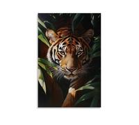 Peinture à l'huile animale - Tigre du Bengale puissant émergeant des ombres de la jungle, regard intense, éclairage dramatique clair-obscur, décoration murale tendance de style hyperréaliste - Poster