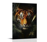 Peinture à l'huile animale - Tigre du Bengale puissant émergeant des ombres de la jungle, regard intense, éclairage dramatique clair-obscur, style hyperréaliste, art mural contemporain à suspendre