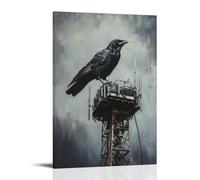 Peinture à l'huile animale - Un corbeau grimpant une tour radio lors d'une course au sommet urbain en montée libre - Décoration murale élégante - 60 x 90 cm