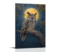 Peinture à l'huile animale - Vieux hibou sage au clair de lune - Une grande chouette à cornes perchée sur une ancienne branche de chêne sous la lueur d'une pleine lune - Décoration murale à suspendre