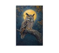 Peinture à l'huile animale - Vieux hibou sage au clair de lune - Une grande chouette à cornes perchée sur une ancienne branche de chêne sous la lueur d'une pleine lune - Décoration murale à suspendre
