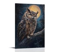 Peinture à l'huile animale - Vieux hibou sage dans une forêt éclairée par la lune - Plumes détaillées et yeux lumineux regardant depuis une branche de chêne antique - Décoration murale à suspendre