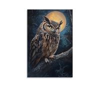 Peinture à l'huile animale - Vieux hibou sage dans une forêt éclairée par la lune - Plumes détaillées et yeux lumineux regardant depuis une branche de chêne antique - Décoration murale à suspendre