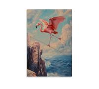 Peinture à l'huile animalière d'un flamant rose en équilibre sur une slackline tendue au-dessus des falaises de l'océan, ailes étendues sous un ciel de corail. Décoration murale tendance - Poster et