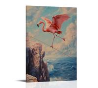 Peinture à l'huile animalière d'un flamant rose en équilibre sur une slackline tendue au-dessus des falaises de l'océan, ailes étendues sous un ciel de corail. Décoration murale tendance - Poster et