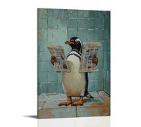 Peinture à l'huile animalière d'un pingouin équilibrant deux journaux tout en se dandant à travers une salle de bain carrelée, encadrée dans du pastel glacé. Décoration murale à la mode - Poster et