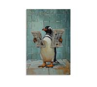 Peinture à l'huile animalière d'un pingouin équilibrant deux journaux tout en se dandant à travers une salle de bain carrelée, encadrée dans des pastel glacés. Décoration murale tendance - Poster et