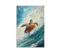 Peinture à l'huile animalière d'une tortue roulant à travers des rapides sur une promenade sauvage en riverboard, eaux mousseuses qui brillent sous un ciel turquoise. Poster mural décoratif élégant 20