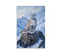 Peinture à l'huile animalière - Léopard des neiges perché sur une falaise de montagne avec fond bleu glacial Décoration murale tendance - Poster d'art à suspendre et peinture murale 60 x 90 cm