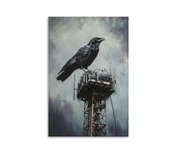 Peinture à l'huile animalière - Un corbeau grimpant une tour radio lors d'une course au sommet urbain en montée libre - Décoration murale élégante - 30 x 45 cm