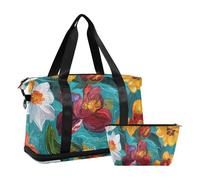 Peinture à l'huile avec fleurs rétro colorées sac de nuit avec trousse de toilette pour entraînement pliable, peinture à l'huile avec fleurs colorées rétro, 1 taille, Peinture à l'huile avec fleurs
