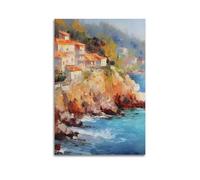 Peinture à l'huile côtière vintage - Impression de maisons de bord de mer - Bleu foncé - Océan - Art antique - Peinture sur toile pour décoration de chambre - Décoration murale esthétique - Poster