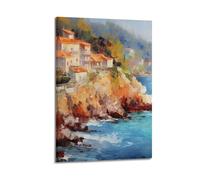 Peinture à l'huile côtière vintage - Impression de maisons de bord de mer - Bleu foncé - Océan - Art antique - Peinture sur toile pour décoration de chambre - Décoration murale esthétique - Poster