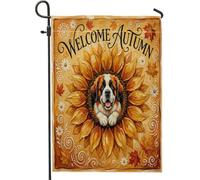 Peinture à l'huile d'automne St. Bernard Dog Front Yard Backyard Vertical Garden Drapeaux 30,5 x 45,7 cm Double face pour l'extérieur, tournesol d'automne Feuille d'érable Petits drapeaux de pelouse