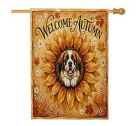 Peinture à l'huile d'automne St. Bernard Dog Front Yard Backyard Vertical House Drapeaux 28 x 40 cm Double face pour l'extérieur, tournesol d'automne Feuille d'érable Drapeau imprimé pour la maison