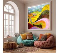Peinture à l'huile de campagne, affiche de paysage de route sinueuse de Hockney, art mural moderne, image de scène de nature vibrante, décoration d'intérieur (45 x 45 cm/cadre intérieur)