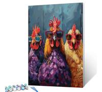 Peinture à l'huile de trois poules portant des lunettes de soleil colorées, peinture par numéro pour adultes, débutants, poulets rustiques, dessin numérique, image amusante d'animaux de la ferme pour
