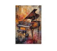 Peinture à l'huile d'instruments de musique - La mélodie silencieuse d'un piano à queue baigné dans des teintes chaudes du coucher de soleil et des coups de pinceau délicats - Décoration murale