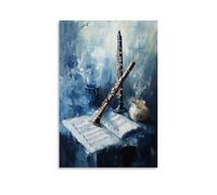 Peinture à l'huile d'instruments de musique - Nature morte avec flûte et partitions de musique, coups de pinceau impressionnistes doux dans des tons bleus froids - Décoration murale à suspendre - 50 x
