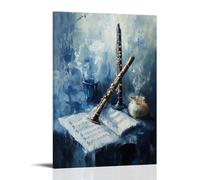 Peinture à l'huile d'instruments de musique - Nature morte avec flûte et partitions de musique, coups de pinceau impressionnistes doux dans des tons bleus froids - Décoration murale à suspendre - 40 x