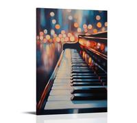 Peinture à l'huile d'instruments de musique - Touches de piano à queue brillantes sous une lumière douce avec reflets flous dans la salle de concert en arrière-plan - Décoration murale contemporaine à