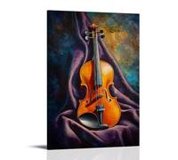 Peinture à l'huile d'instruments de musique - Un violon vibrant reposant sur du velours avec une lumière dorée accentuant ses courbes, capturant l'âme de la musique classique - Décoration murale