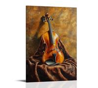 Peinture à l'huile d'instruments de musique - Un violon vibrant reposant sur un chiffon de velours, baigné dans une lumière dorée de l'après-midi avec des textures riches en huile - Décoration murale