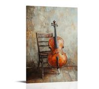 Peinture à l'huile d'instruments de musique - Violoncelle appuyé contre une chaise en bois dans une lumière douce du matin, créant une atmosphère sereine - Décoration murale à suspendre - 50 x 75 cm
