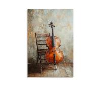 Peinture à l'huile d'instruments de musique - Violoncelle appuyé contre une chaise en bois dans une lumière douce du matin, créant une atmosphère sereine - Décoration murale à suspendre - 40 x 60 cm