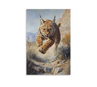 Peinture à l'huile d'un lynx qui coule sur des sentiers de montagne comme un marathonien extrême, ombre tendue sur des paysages de sauge. Décoration murale moderne à suspendre 20 x 30 cm