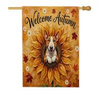 Peinture à l'huile Fall Bull Terrier Dog Front Yard Backyard Vertical House Drapeaux 71 x 101,6 cm Double face pour l'extérieur, tournesol d'automne Feuille d'érable Drapeau imprimé pour la maison