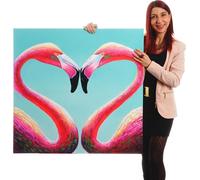 Tableau À L'huile, Flamants, Peint À La Main À 100%, Toile De Décoration Murale Xl 90x90cm