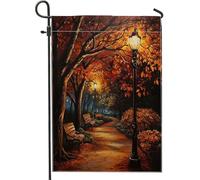 Peinture à l'huile - Lampadaire de ville d'automne - Drapeaux de jardin de 30,5 x 45,7 cm pour l'extérieur, banc urbain d'automne - Drapeaux verticaux standard en lin pour maison, cour, jardin