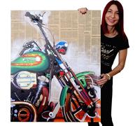Tableau À L'huile, Moto, Peint À La Main À 100%, Toile De Décoration Murale Xl 100x80cm