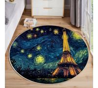 Peinture À L'Huile Nuit Étoilée Tapis Rond 180cm Lavable en Machine Antidérapant Tour Eiffel À Paris Ronde Carpet Descente de Lit Chambre Poil Ras Carpette pour Salon Salle a Manger Bureau, Bleu Foncé