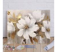 Peinture à l'huile par numéros sur canevas avec fleurs blanches et dorées, artisanat de décoration d'intérieur 40x50cm/16x20 pouces, idéal pour les vacances, la Saint-Valentin, Pâques, Thanksgiving 40