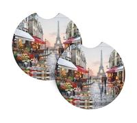 Peinture à l'huile Paris Street Scène Tour Eiffel Imprimée Voiture Intérieur Porte-gobelet Pad Sous-verres - Lot de 2 dessous de verre universels - Accessoires décoratifs auto
