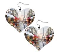 Peinture à l'huile Paris Street Scène Tour Eiffel Imprimés Boucles d'oreilles en cuir Cœur Pendentif élégant et léger pour femmes filles, taille unique, cuir, sans pierre précieuse
